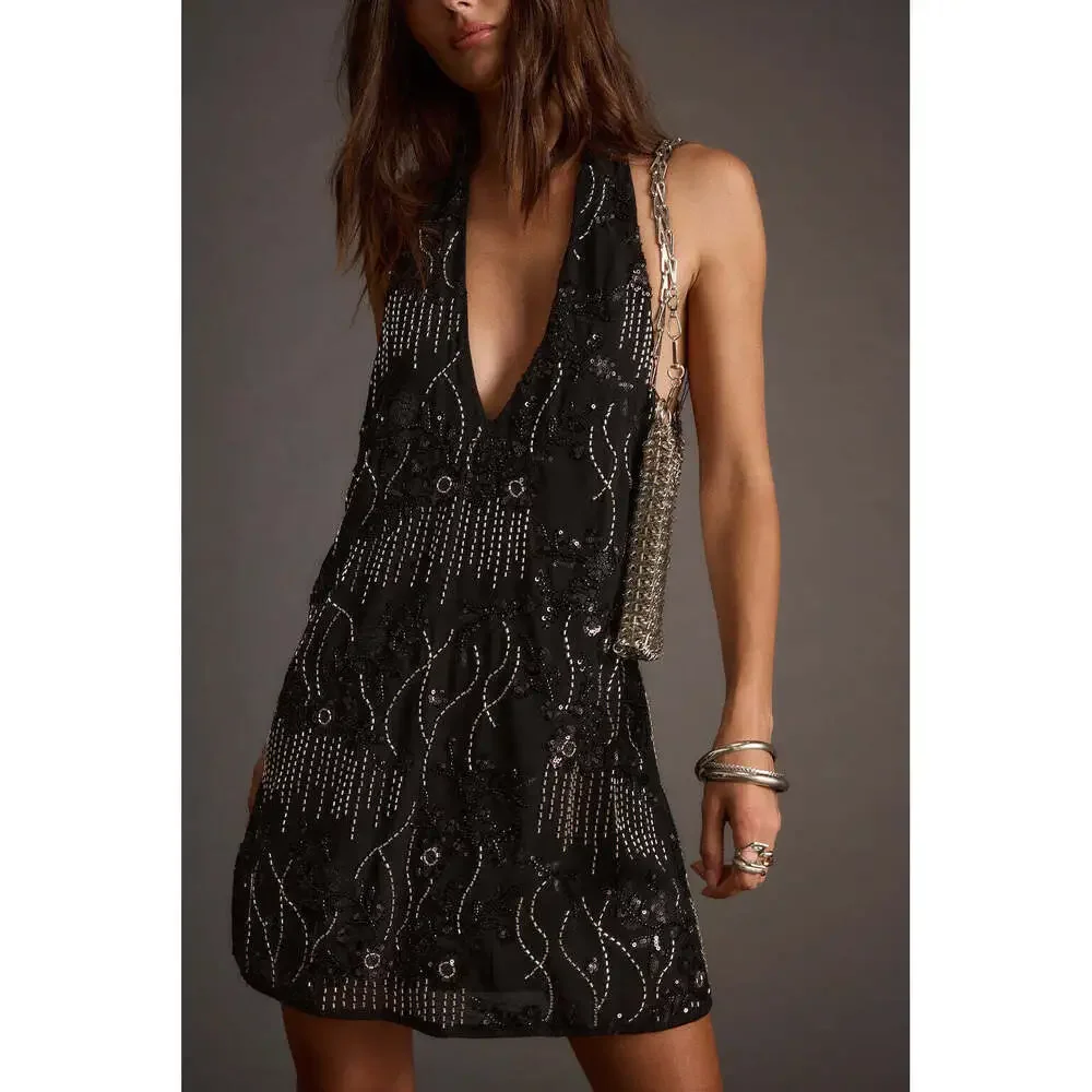 12th Tribe Izzie Black Beaded Mini Dress Size MM - Picture 1 of 3